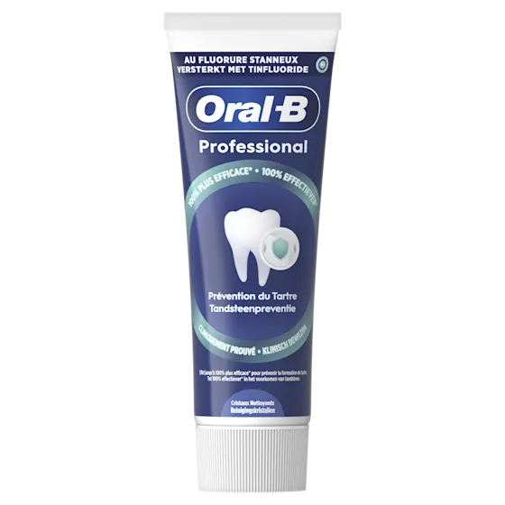Oral-B Professional tandpasta, met de claim "100% effectiever" in het voorkomen van tandsteen, volgens de verpakking.