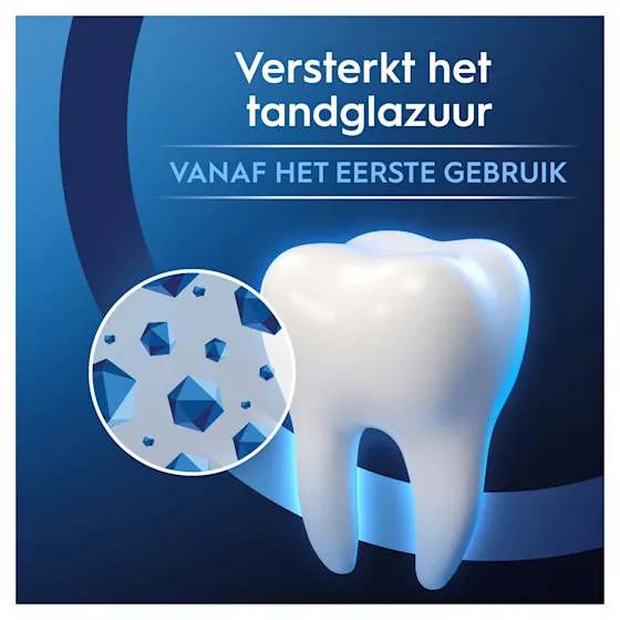 Oral-B Professional tandpasta, met de claim "Glazuurversterking vanaf de 1e poetsbeurt" prominent weergegeven op de verpakking.