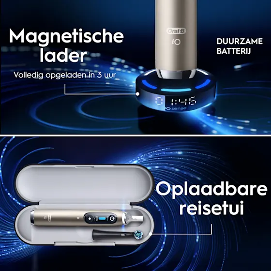 Oral-B iO 10 Ultimate Lunar Gold elektrische tandenborstel, special edition, met oplaad etui en iOsense magnetische oplader.