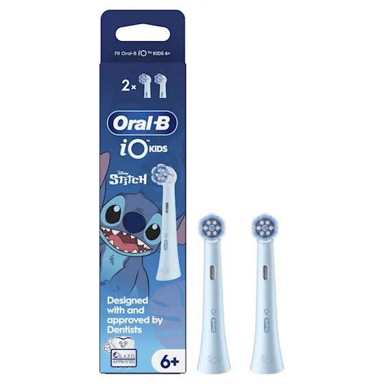 Oral-B iO Kids opzetborstels, Disney Stitch editie, 2 stuks, goedgekeurd door E.A.P.D. en geschikt voor kinderen van 6 jaar en ouder.