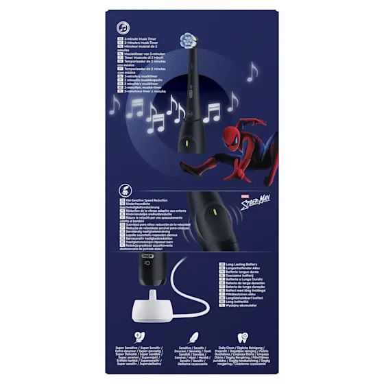 Oral-B iO Kids elektrische tandenborstel, met Spiderman-ontwerp, voor kinderen van 6 jaar en ouder, getoond bij de verpakking.