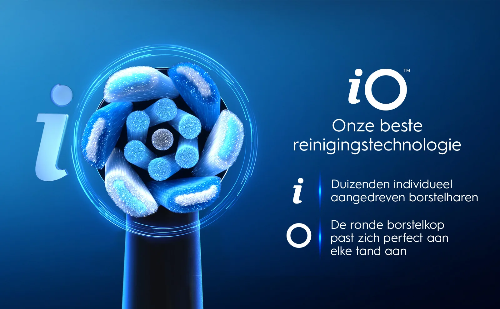 iO tandenborstel met ronde kop en duizenden blauwe borstelharen voor optimale reiniging. 