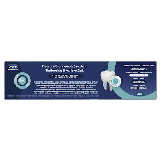 Oral-B Professional tandpasta, verpakking met de claim "100% effectiever" voor tandsteenpreventie.