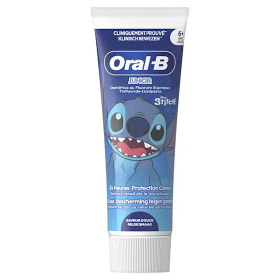Oral-B Junior-tandpasta, met afbeeldingen van Stitch, biedt 24 uur bescherming tegen gaatjes.