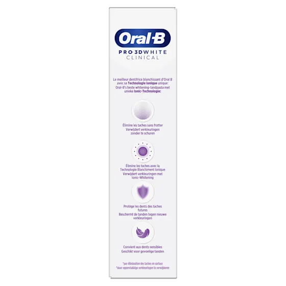 Oral-B Pro-3D White Clinical tandpasta tube en verpakking, met de claim 'wittere tanden in 1 dag'.