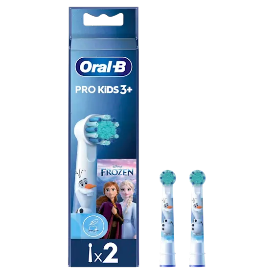 Oral-B Pro Kids 3+ opzetborstels, verpakking met Disney Frozen afbeelding en 2 opzetborstels met Olaf-design.