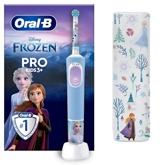 Oral-B Disney Frozen Pro Kids 3+ elektrische tandenborstel, verpakking benadrukt dat deze door tandartsen wereldwijd als nummer 1 wordt gebruikt.