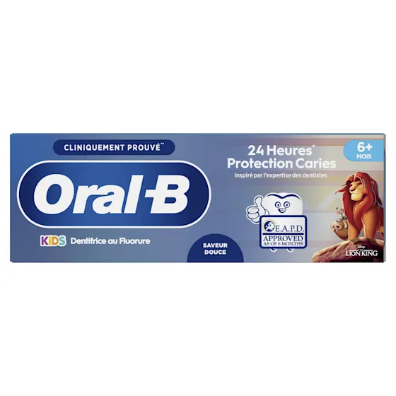 Oral-B Kids tandpasta met fluoride, 24 uur bescherming tegen cariës, en The Lion King afbeelding.