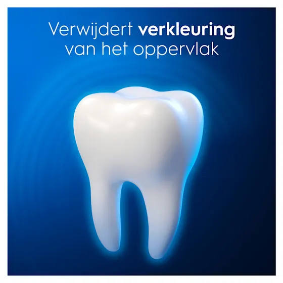 Oral-B Pro-3D White Clinical tandpasta tube en verpakking, met de claim 'wittere tanden in 1 dag'.