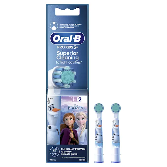 Oral-B Pro Kids 3+ opzetborstels, verpakking met Disney Frozen afbeelding en 2 opzetborstels met Olaf-design.