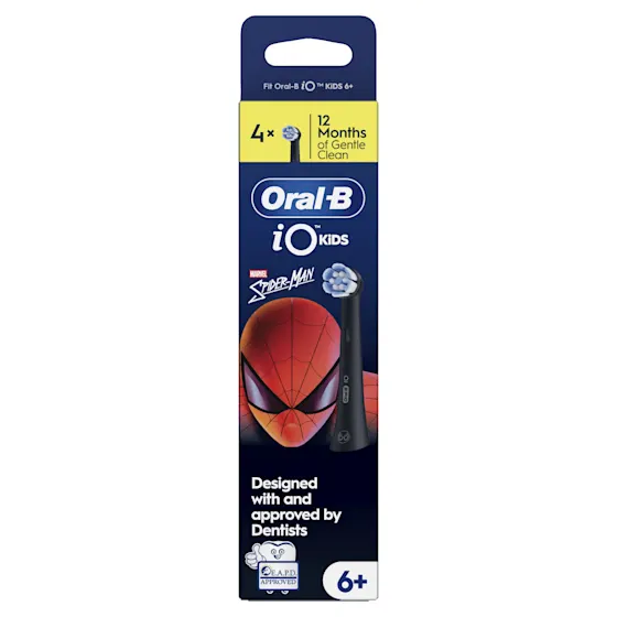 Oral-B iO Kids Marvel Spider-Man opzetborstels, verpakking met vermelding '1 x 4 = 12 Maanden'.