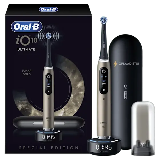 Oral-B iO 10 Ultimate Lunar Gold elektrische tandenborstel, special edition, met oplaad etui en iOsense magnetische oplader.