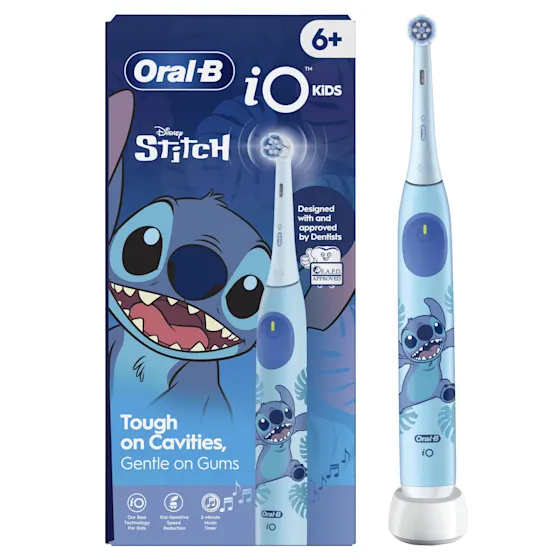 Oral-B iO Kids elektrische tandenborstel met Disney Stitch, aanbevolen voor 6+ jaar en goedgekeurd door EAPD.