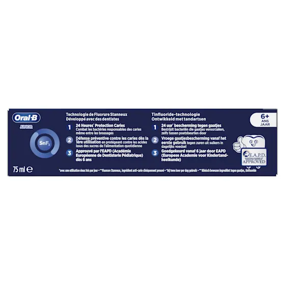 Oral-B Junior-tandpasta, met afbeeldingen van Stitch, biedt 24 uur bescherming tegen gaatjes.