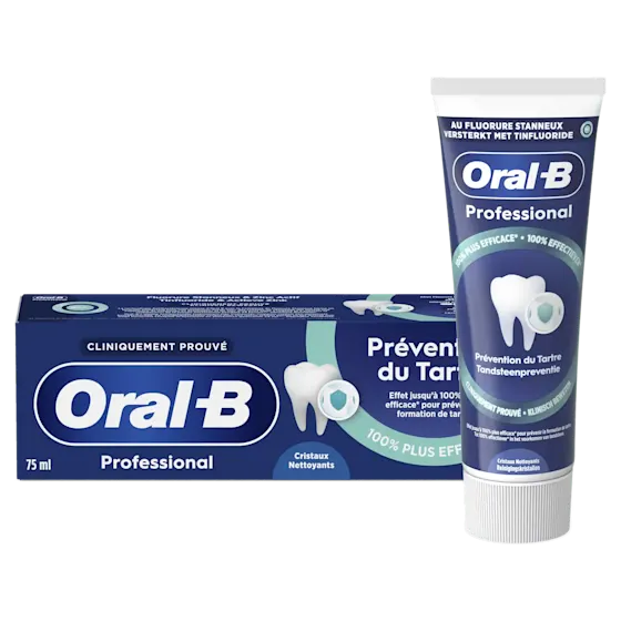 Oral-B Professional tandpasta, met de claim "100% effectiever" in het voorkomen van tandsteen, volgens de verpakking.