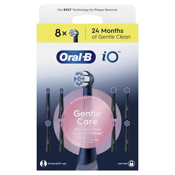Oral-B iO, pakje van 8 borstelhoofden, zegt "Gentle Care, 100% gezonder tandvlees in 1 week".