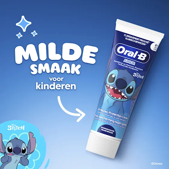 Oral-B Junior-tandpasta, met afbeeldingen van Stitch, biedt 24 uur bescherming tegen gaatjes.
