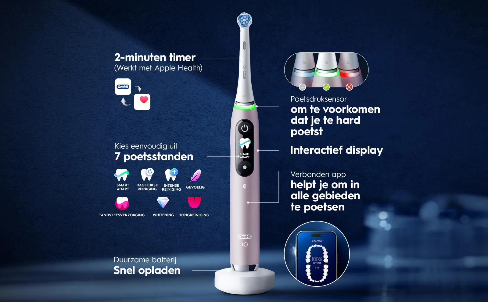 Elektrische tandenborstel met poetsdruksensor, timer, interactief display en 7 poetsstanden 