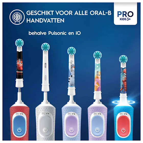 Oral-B Pro Kids 3+ opzetborstels, verpakking met Disney Frozen afbeelding en 2 opzetborstels met Olaf-design.