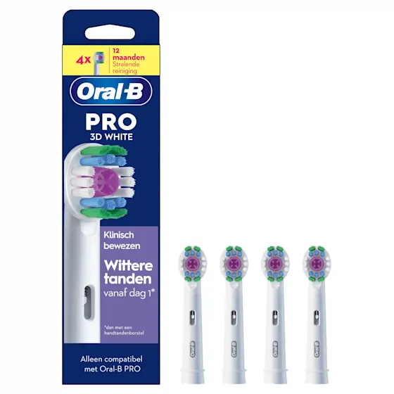 Oral-B PRO 3D WHITE opzetborstels (4x) met vermelding: Wittere tanden vanaf dag 1.