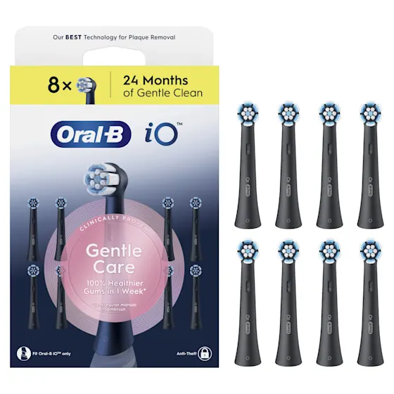 Oral-B iO, pakje van 8 borstelhoofden, zegt "Gentle Care, 100% gezonder tandvlees in 1 week".
