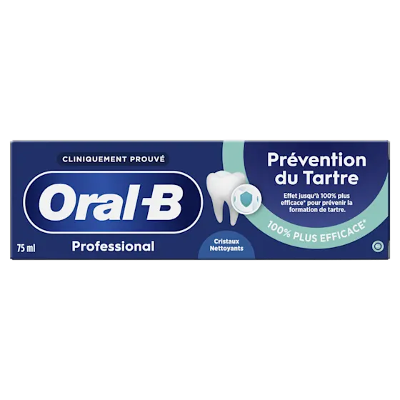 Oral-B Professional tandpasta, met de claim "100% effectiever" in het voorkomen van tandsteen, volgens de verpakking.