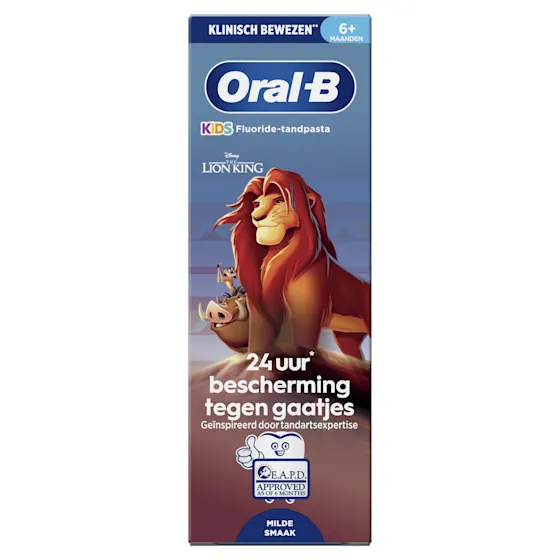 Oral-B Kids tandpasta met fluoride, 24 uur bescherming tegen cariës, en The Lion King afbeelding.