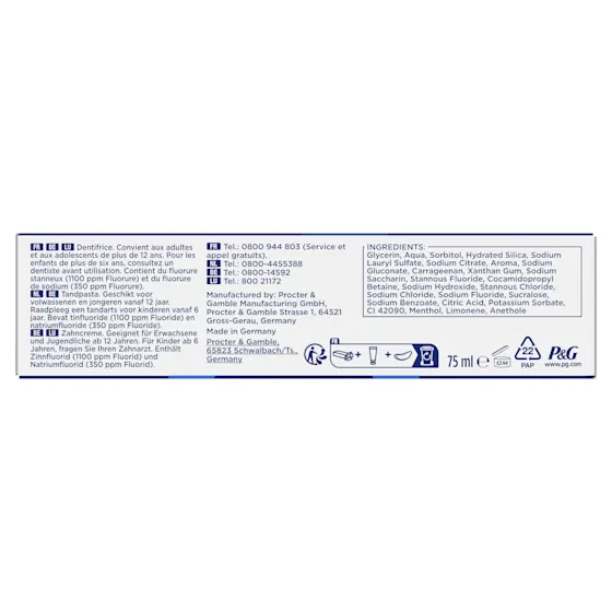 Oral-B Professional tandpasta, met de claim "Glazuurversterking vanaf de 1e poetsbeurt" prominent weergegeven op de verpakking.