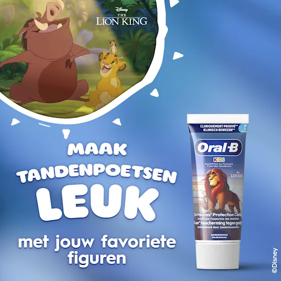 Oral-B Kids tandpasta met fluoride, 24 uur bescherming tegen cariës, en The Lion King afbeelding.