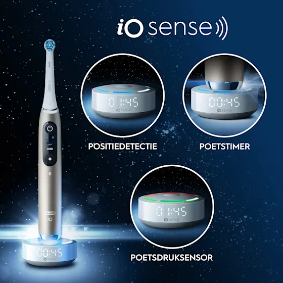 Oral-B iO 10 Ultimate Eclipse Gold tandenborstel, inclusief oplaadstation, reisetui en opzetborstelbeschermer.