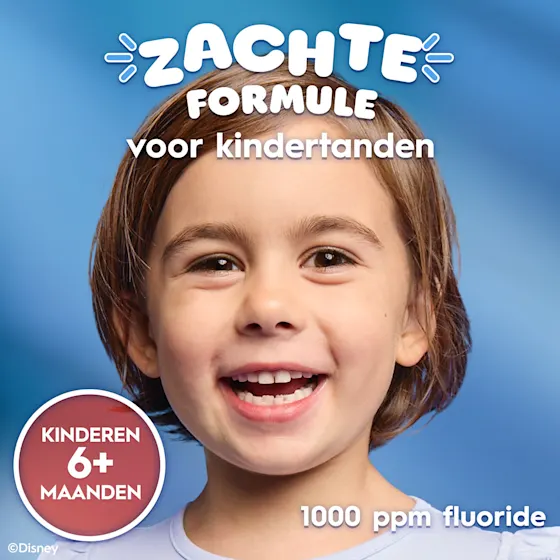 Oral-B Kids tandpasta met fluoride, 24 uur bescherming tegen cariës, en The Lion King afbeelding.