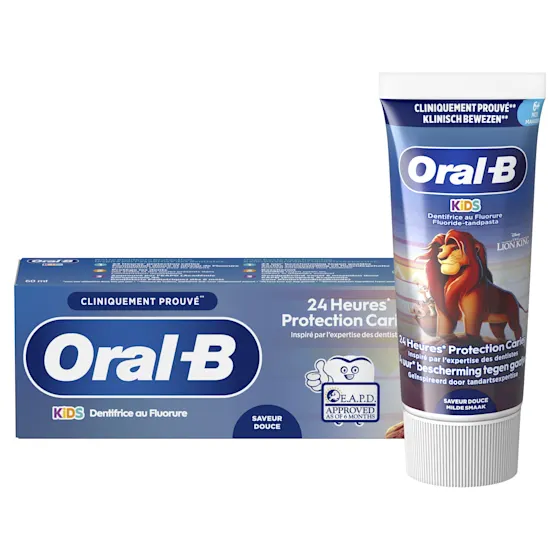 Oral-B Kids tandpasta met fluoride, 24 uur bescherming tegen cariës, en The Lion King afbeelding.