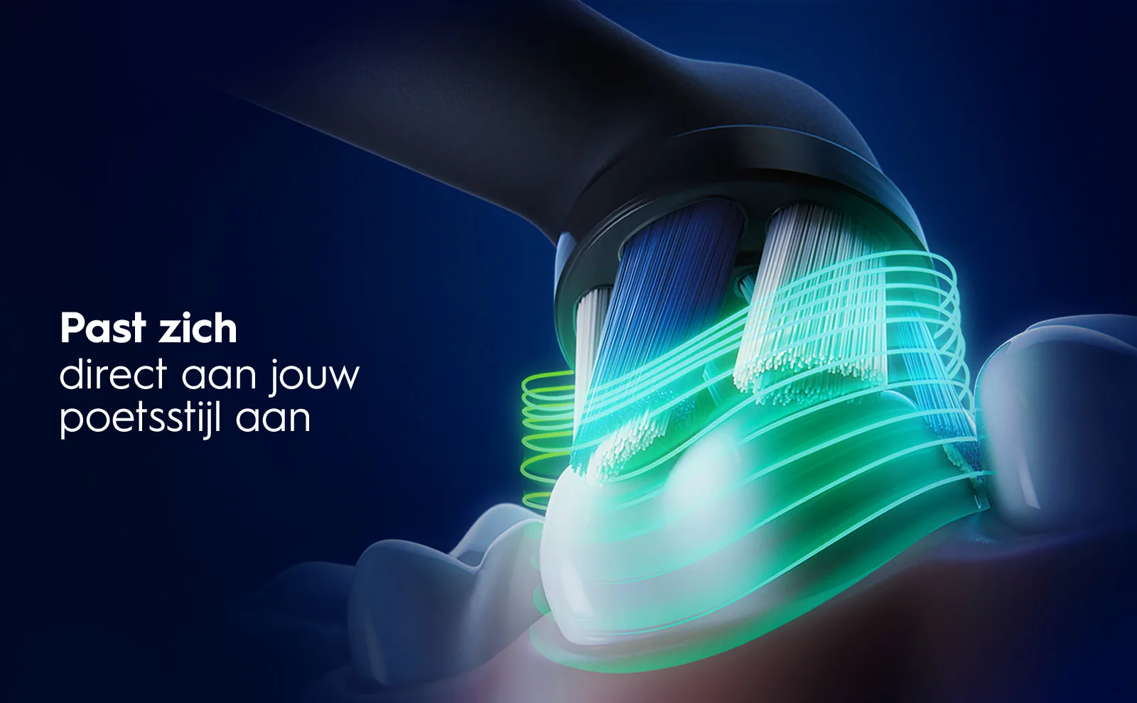 Elektrische tandenborstel met groene verlichting en tekst: Past zich direct aan jouw poetsstijl aan 
