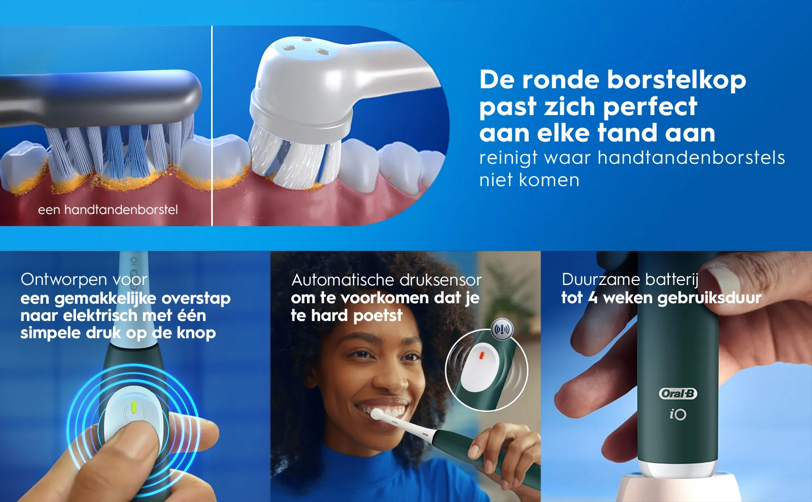 Advertentie: elektrische tandenborstel met ronde kop, druksensor en 4-weken batterij. 