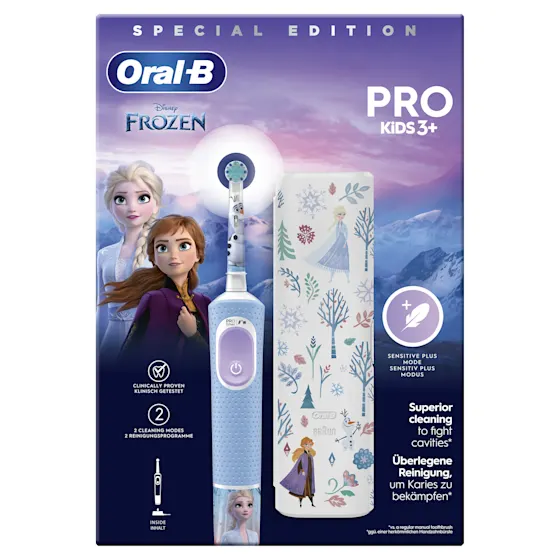 Oral-B Disney Frozen Pro Kids 3+ elektrische tandenborstel, verpakking benadrukt dat deze door tandartsen wereldwijd als nummer 1 wordt gebruikt.