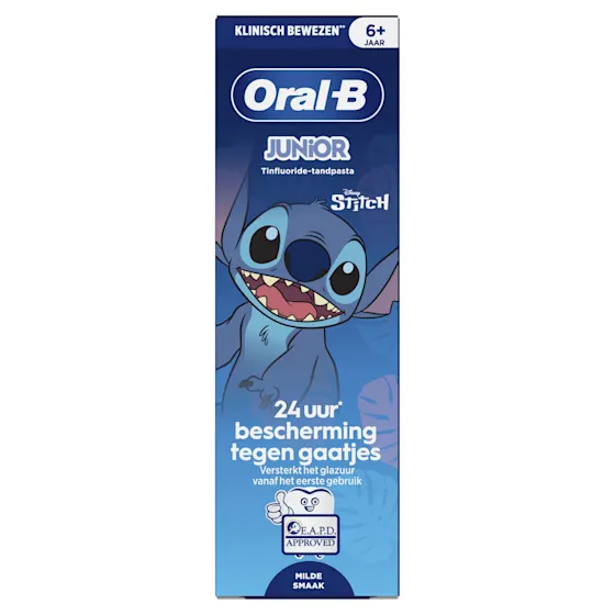 Oral-B Junior-tandpasta, met afbeeldingen van Stitch, biedt 24 uur bescherming tegen gaatjes.