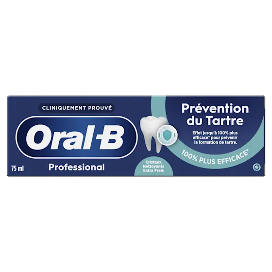 Oral-B Professional tandpasta, verpakking met de claim "100% effectiever" voor tandsteenpreventie.