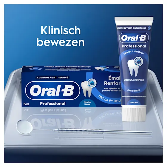 Oral-B Professional tandpasta, met de claim "Glazuurversterking vanaf de 1e poetsbeurt" prominent weergegeven op de verpakking.