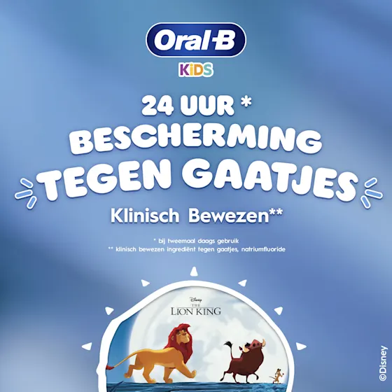 Oral-B Kids tandpasta met fluoride, 24 uur bescherming tegen cariës, en The Lion King afbeelding.