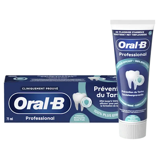Oral-B Professional tandpasta, verpakking met de claim "100% effectiever" voor tandsteenpreventie.