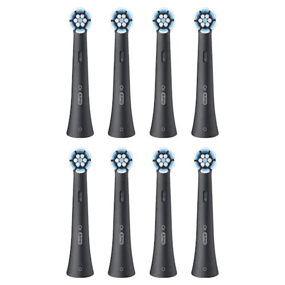 Oral-B iO, pakje van 8 borstelhoofden, zegt "Gentle Care, 100% gezonder tandvlees in 1 week".