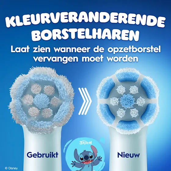 Oral-B iO Kids opzetborstels, Disney Stitch editie, 2 stuks, goedgekeurd door E.A.P.D. en geschikt voor kinderen van 6 jaar en ouder.