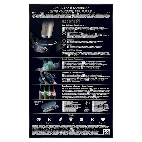 Oral-B iO 10 Ultimate Lunar Gold elektrische tandenborstel, special edition, met oplaad etui en iOsense magnetische oplader.