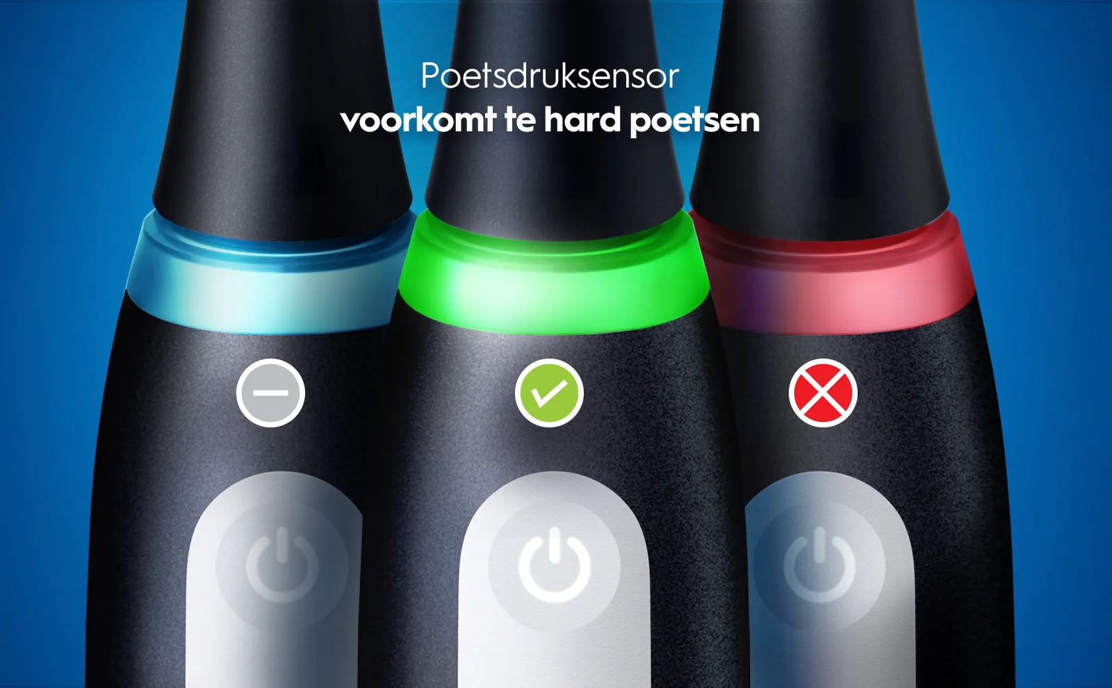 Drie tandenborstelkoppen met druksensoren in blauw, groen en rood die poetskracht aangeven. 
