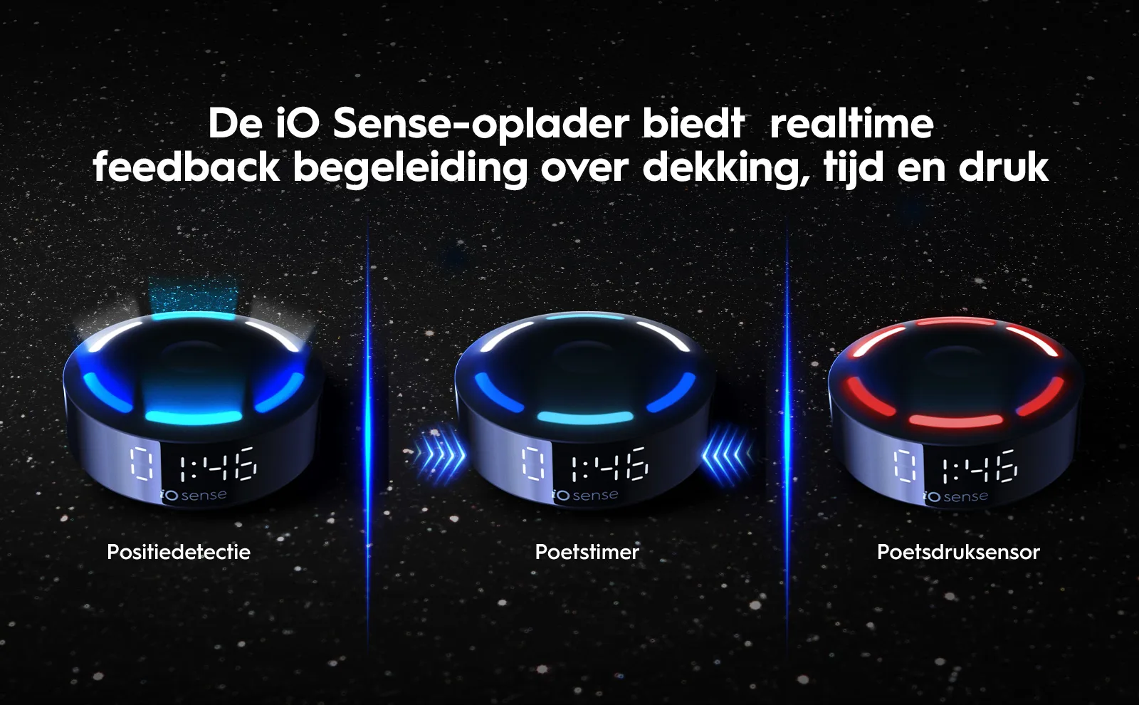 iO Sense-oplader met positiedetectie, poetstimer en poetsdruksensor voor tandverzorging. 