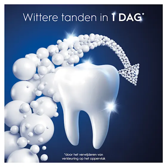 Oral-B Pro-3D White Clinical tandpasta tube en verpakking, met de claim 'wittere tanden in 1 dag'.