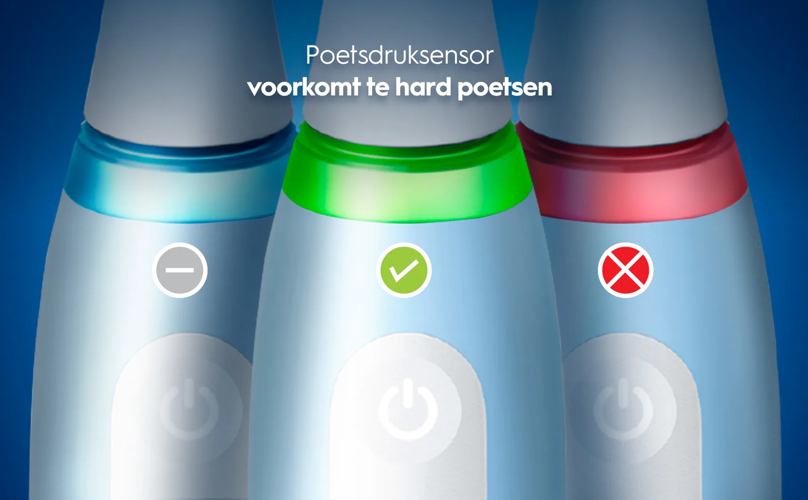 Drie tandenborstelkoppen met druksensoren in blauw, groen en rood die poetskracht aangeven. 