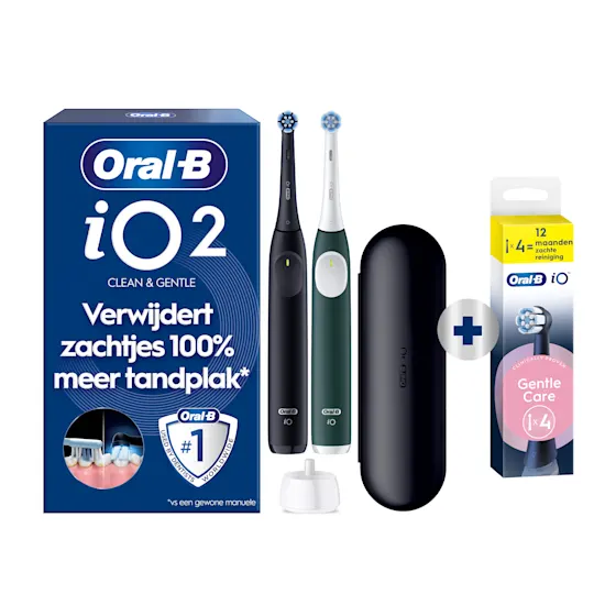 Oral-B iO 2 Elektrische Tandenborstels Zwart & Groen Duoverpakking + 4 Opzetborstels (Gentle Care)