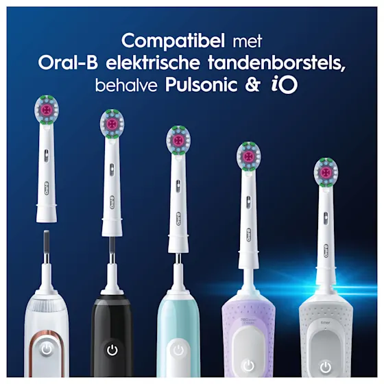 Oral-B opzetborstel in actie, visueel benadrukt het resultaat van wittere tanden vanaf dag 1, vergeleken met een handtandenborstel.
