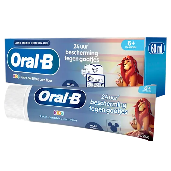 Oral-B Kids tandpasta met fluoride, 24 uur bescherming tegen cariës, en The Lion King afbeelding.